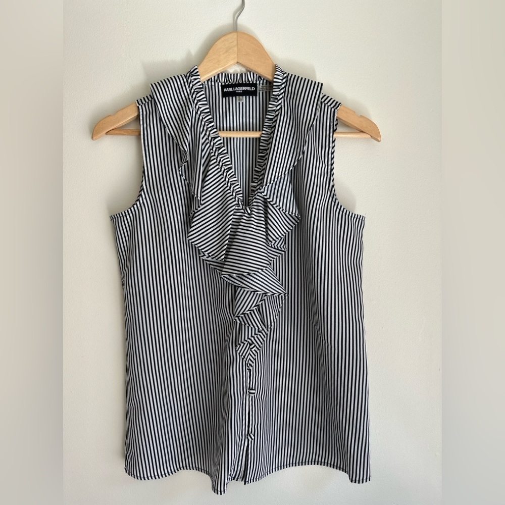 Karl Lagerfeld Paris Striped Navy Ruffle Button Down V Neck Sleeveless Blouse XS